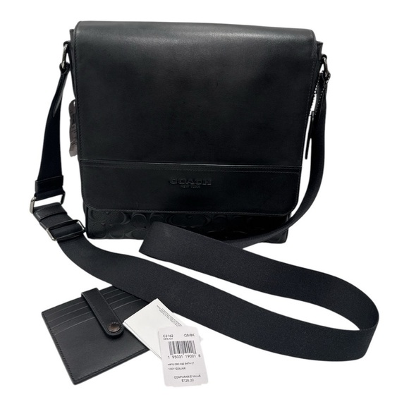 COACH Houston Map Crossbody Bag In Black Signature Leather with cart holder NWT - Picture 5 of 10